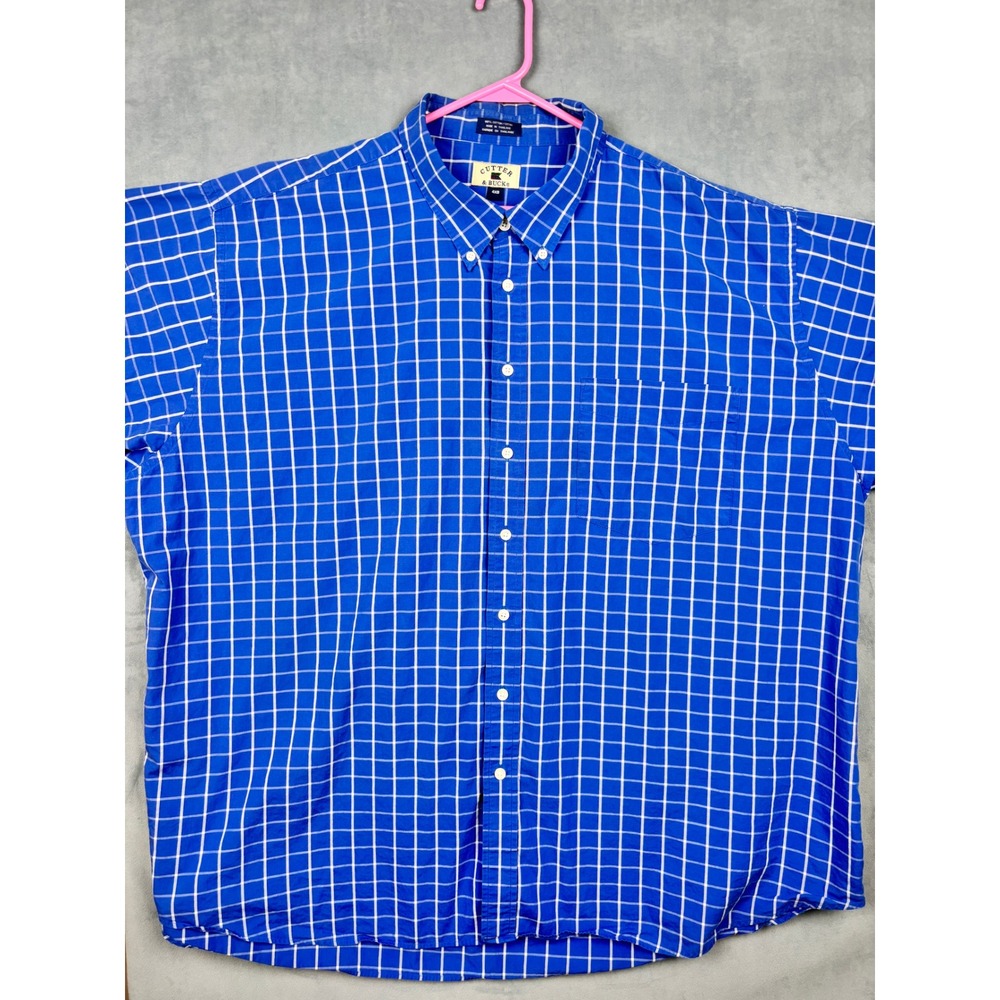 Cutter & Buck Mens 4XB Blue White Windowpane Plaid Short Sleeve Button Down